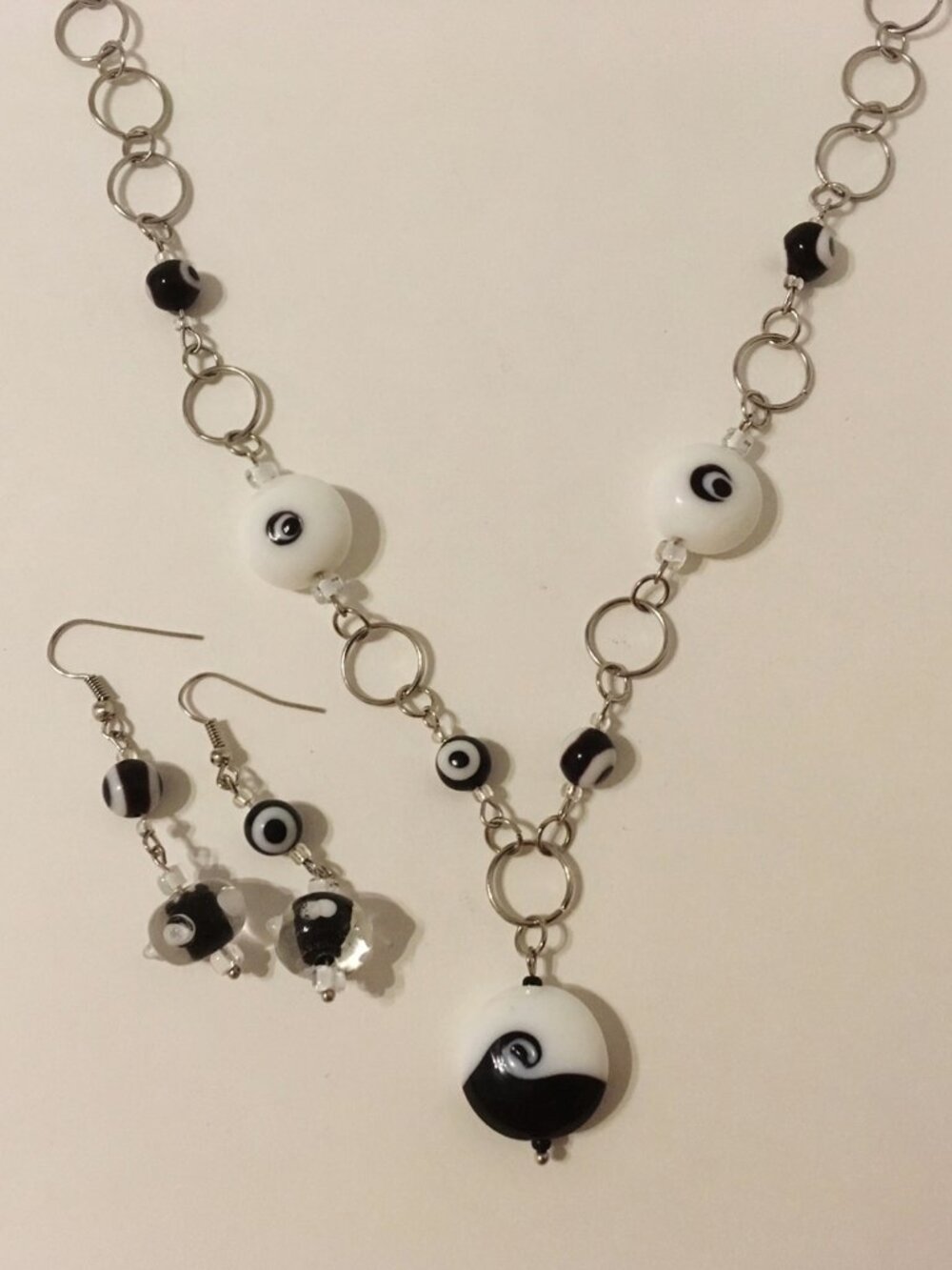 Zen Earrings Necklace Set Black White Fused Glass Beaded Handmade Pierced New